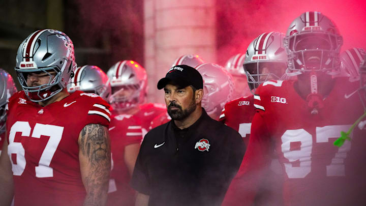 Ohio State Buckeyes head coach Ryan Day takes the field before the NCAA football game at Ohio Stadium on Saturday, Oct. 4, 2025 in Columbus, Ohio.