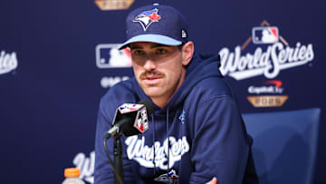 Toronto Blue Jays pitcher Shane Bieber fields questions after game four of the 2025 World Series.
