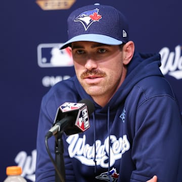 Toronto Blue Jays pitcher Shane Bieber fields questions after game four of the 2025 World Series.