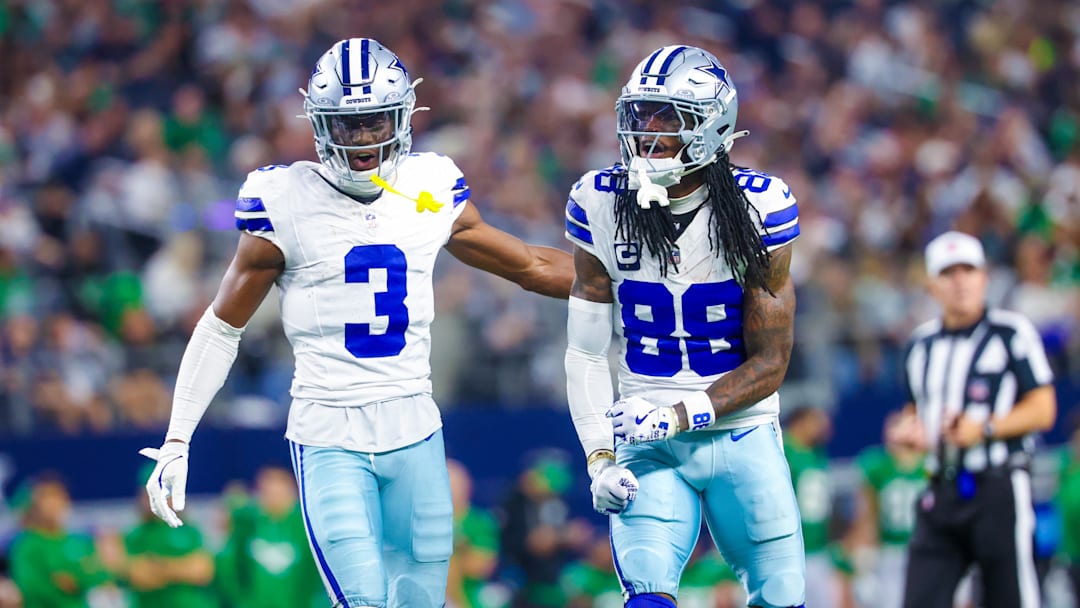 Nov 23, 2025; Arlington, Texas, USA; Dallas Cowboys wide receiver George Pickens (3) and Dallas Cowboys wide receiver CeeDee Lamb (88) react during the game against the Philadelphia Eagles at AT&T Stadium. Mandatory Credit: Kevin Jairaj-Imagn Images