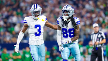 Nov 23, 2025; Arlington, Texas, USA; Dallas Cowboys wide receiver George Pickens (3) and Dallas Cowboys wide receiver CeeDee Lamb (88) react during the game against the Philadelphia Eagles at AT&T Stadium. Mandatory Credit: Kevin Jairaj-Imagn Images