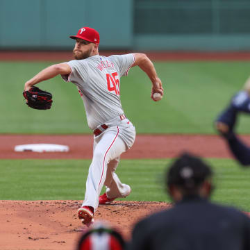 Jun 11, 2024; Boston, Massachusetts, USA; Philadelphia Phillies starting pitcher Zack Wheeler (45) throws a pitch during the first inning against the Boston Red Sox at Fenway Park.
