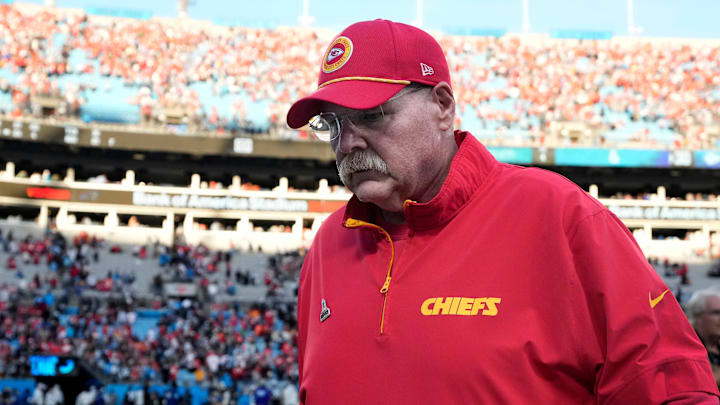 Nov 24, 2024; Charlotte, North Carolina, USA; Kansas City Chiefs head coach Andy Reid walks off the field after the game at Bank of America Stadium. Mandatory Credit: Bob Donnan-Imagn Images