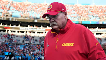 Nov 24, 2024; Charlotte, North Carolina, USA; Kansas City Chiefs head coach Andy Reid walks off the field after the game at Bank of America Stadium. Mandatory Credit: Bob Donnan-Imagn Images