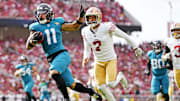 Sep 28, 2025; Santa Clara, California, USA; Jacksonville Jaguars wide receiver Parker Washington (11) reacts after a play during the second half at Levi's Stadium. Mandatory Credit: Kyle Terada-Imagn Images