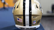 Mar 11, 2023; Metairie, LA, USA;  Detailed view of New Orleans Saints helmet at Ochsner Sports Performance Center. Mandatory Credit: Stephen Lew-Imagn Images