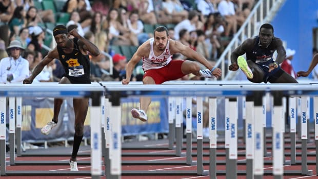 Darius Luff of Nebraska leads the 110m hurdles during the NCAA Track and Field Championships at Hayward Field