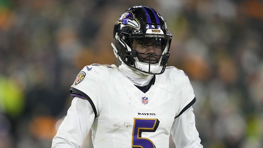 Dec 27, 2025; Green Bay, Wisconsin, USA;  Baltimore Ravens quarterback Tyler Huntley (5) during the game against the Green Bay Packers at Lambeau Field. Mandatory Credit: Jeff Hanisch-Imagn Images
