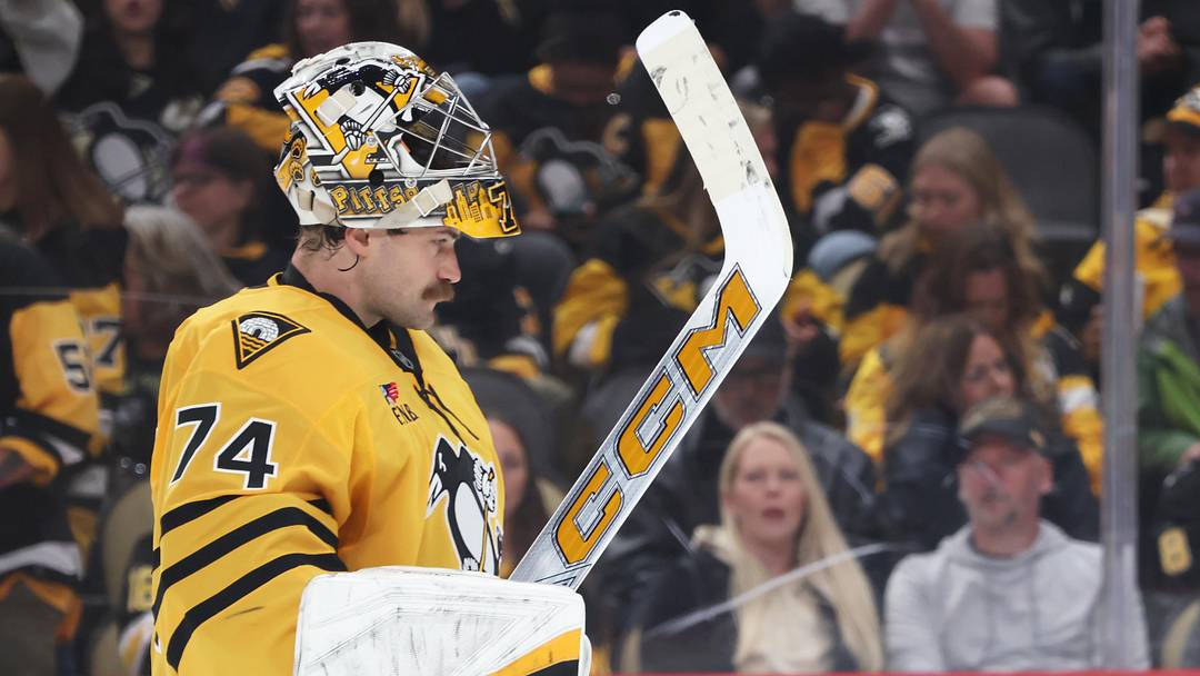 Apr 18, 2026; Pittsburgh, Pennsylvania, USA; Pittsburgh Penguins goaltender Stuart Skinner (74) returns to his net against the Philadelphia Flyers during the second period in game one of the first round of the 2026 Stanley Cup Playoffs at PPG Paints Arena. Mandatory Credit: Charles LeClaire-Imagn Images