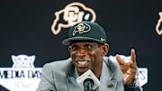 Jul 9, 2025; Frisco, TX, USA; Colorado head coach Deion Sanders speaks with the media during 2025 Big 12 Football Media Days at The Star. Mandatory Credit: Raymond Carlin III-Imagn Images