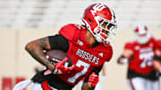 Indiana’s E.J. Williams Jr. (7) runs after a catch during spring practice at Memorial Stadium on Thursday, April 3, 2025.