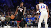 Mar 29, 2025; Philadelphia, Pennsylvania, USA; Miami Heat guard Davion Mitchell (45) controls the ball against the Philadelphia 76ers in the first quarter at Wells Fargo Center. Mandatory Credit: Kyle Ross-Imagn Images