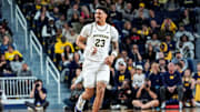 Michigan forward Yaxel Lendeborg (23) reacts after a play against Oakland during the first half at Crisler Center in Ann Arbor on Monday, November 3, 2025.