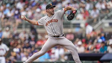 Jul 23, 2025; Cumberland, Georgia, USA; San Francisco Giants starting pitcher Justin Verlander (35) pitches against the Atlanta Braves during the third inning at Truist Park. Mandatory Credit: Dale Zanine-Imagn Images