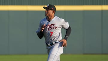 Rocket City infielder Christian Moore (7) jogs during a minor league baseball game between the Knoxville Smokies and Rocket City Trash Pandas at Covenant Health Park on April 29, 2025. The Knoxville Smokies won 9-6 against the Rocket City Trash Pandas.