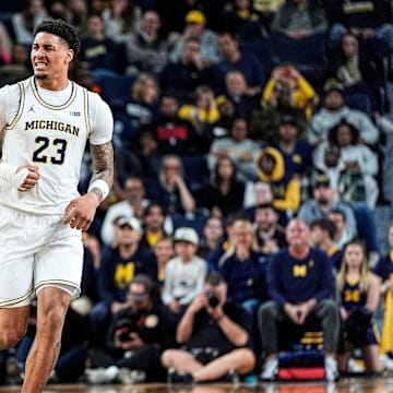 Michigan forward Yaxel Lendeborg (23) reacts after a play against Oakland during the first half at Crisler Center in Ann Arbor on Monday, November 3, 2025.