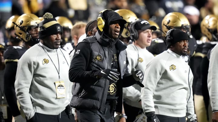 Oct 13, 2023; Boulder, Colorado, USA; Colorado Buffaloes head coach Deion Sanders calls out in the first quarter against the Stanford Cardinal at Folsom Field.