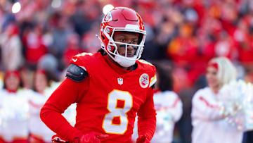 Jan 26, 2025; Kansas City, MO, USA; Kansas City Chiefs wide receiver DeAndre Hopkins (8) against the Buffalo Bills in the AFC Championship game at GEHA Field at Arrowhead Stadium. Mandatory Credit: Mark J. Rebilas-Imagn Images