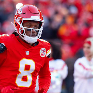 Jan 26, 2025; Kansas City, MO, USA; Kansas City Chiefs wide receiver DeAndre Hopkins (8) against the Buffalo Bills in the AFC Championship game at GEHA Field at Arrowhead Stadium. Mandatory Credit: Mark J. Rebilas-Imagn Images