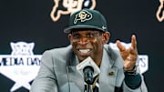 Colorado football coach Deion Sanders speaks with the media during 2025 Big 12 Football Media Days at The Star. 