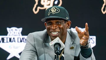 Colorado football coach Deion Sanders speaks with the media during 2025 Big 12 Football Media Days at The Star. 