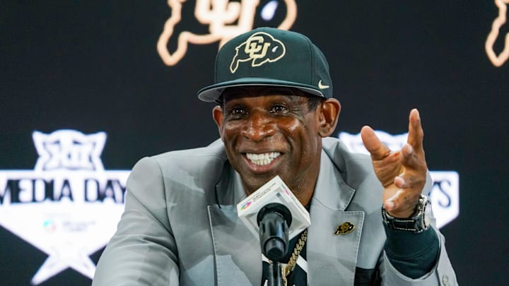 Colorado football coach Deion Sanders speaks with the media during 2025 Big 12 Football Media Days at The Star. 