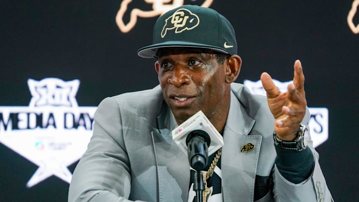 Jul 9, 2025; Frisco, TX, USA; Colorado head coach Deion Sanders speaks with the media during 2025 Big 12 Football Media Days at The Star. Mandatory Credit: Raymond Carlin III-Imagn Images