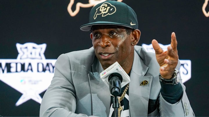 Colorado head coach Deion Sanders speaks with the media during 2025 Big 12 Football Media Days at The Star. Colorado head coach Deion Sanders speaks with the media during 2025 Big 12 Football Media Days at The Star.