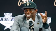 Colorado Buffaloes coach Deion Sanders speaks with the media during 2025 Big 12 Football Media Days at The Star in Frisco, Texas.