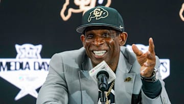 Jul 9, 2025; Frisco, TX, USA; Colorado head coach Deion Sanders speaks with the media during 2025 Big 12 Football Media Days at The Star. Mandatory Credit: Raymond Carlin III-Imagn Images