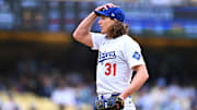 Apr 27, 2025; Los Angeles, California, USA; Los Angeles Dodgers pitcher Tyler Glasnow (31) reacts after a pitch during the first inning against the Pittsburgh Pirates at Dodger Stadium. Mandatory Credit: Jonathan Hui-Imagn Images