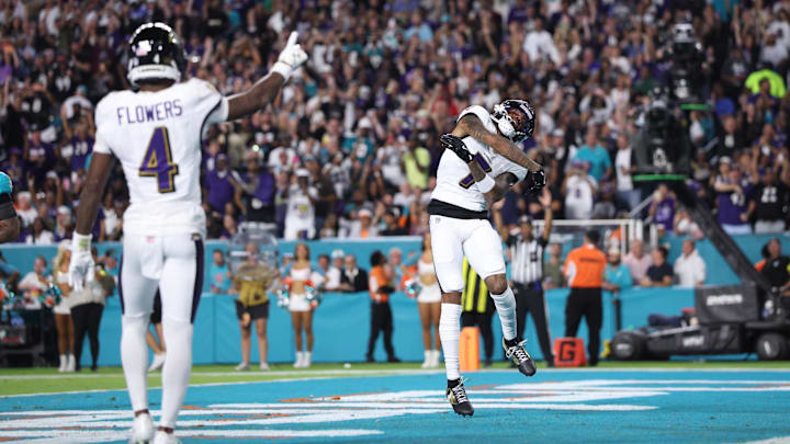 Ravens wide receivers Rashod Bateman and Zay Flowers celebrate a touchdown during the third quarter at Hard Rock Stadium. Ravens wide receivers Rashod Bateman and Zay Flowers celebrate a touchdown during the third quarter at Hard Rock Stadium.