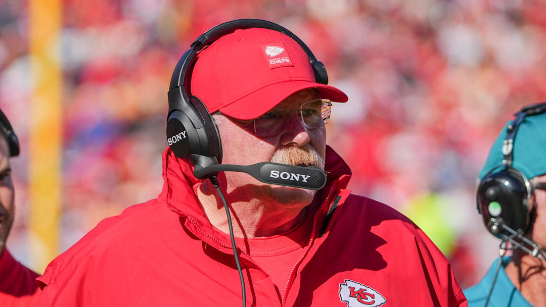 Nov 23, 2025; Kansas City, Missouri, USA; Kansas City Chiefs head coach Andy Reid watches play against the Indianapolis Colts during the game at GEHA Field at Arrowhead Stadium. Mandatory Credit: Denny Medley-Imagn Images