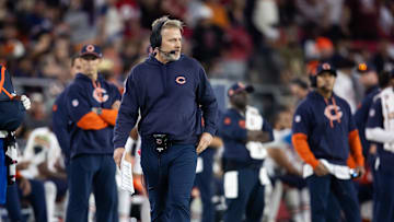 Nov 3, 2024; Glendale, Arizona, USA; Chicago Bears head coach head coach Matt Eberflus against the Arizona Cardinals at State Farm Stadium. Mandatory Credit: Mark J. Rebilas-Imagn Images