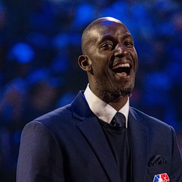 February 20, 2022; Cleveland, Ohio, USA; NBA great Kevin Garnett is honored for being selected to the NBA 75th Anniversary Team during halftime in the 2022 NBA All-Star Game at Rocket Mortgage FieldHouse. Mandatory Credit: Kyle Terada-Imagn Images