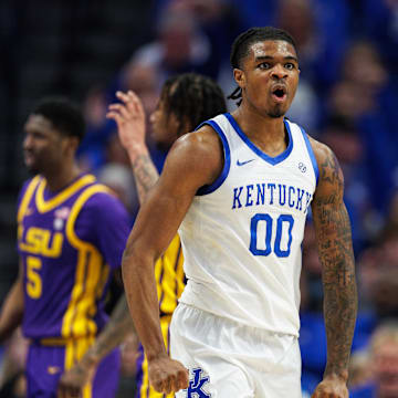 Mar 4, 2025; Lexington, Kentucky, USA; Kentucky Wildcats guard Otega Oweh (00) reacts after scoring a basket during the first half against the LSU Tigers at Rupp Arena at Central Bank Center. Mandatory Credit: Jordan Prather-Imagn Images