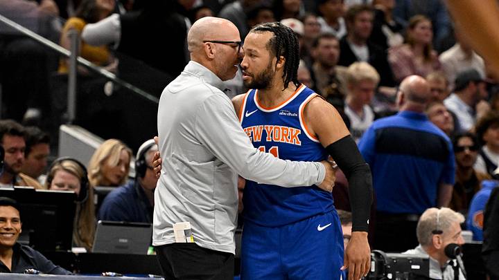 Nov 27, 2024; Dallas, Texas, USA; Dallas Mavericks head coach Jason Kidd hugs New York Knicks guard Jalen Brunson (11) during the first quarter at the American Airlines Center. Mandatory Credit: Jerome Miron-Imagn Images