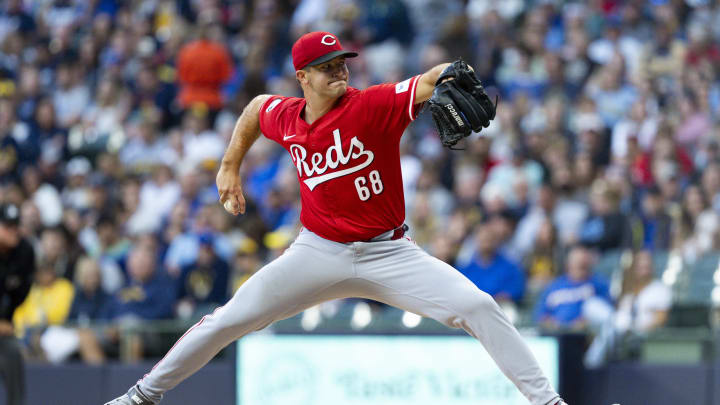 Aug 9, 2024; Milwaukee, Wisconsin, USA;  Cincinnati Reds pitcher Carson Spiers (68) throws a pitch during the first inning against the Milwaukee Brewers at American Family Field. Mandatory Credit: Jeff Hanisch-USA TODAY Sports