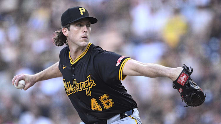 Aug 12, 2024; San Diego, California, USA; Pittsburgh Pirates starting pitcher Jake Woodford (46) pitches against the San Diego Padres during the first inning at Petco Park. Mandatory Credit: Orlando Ramirez-USA TODAY Sports