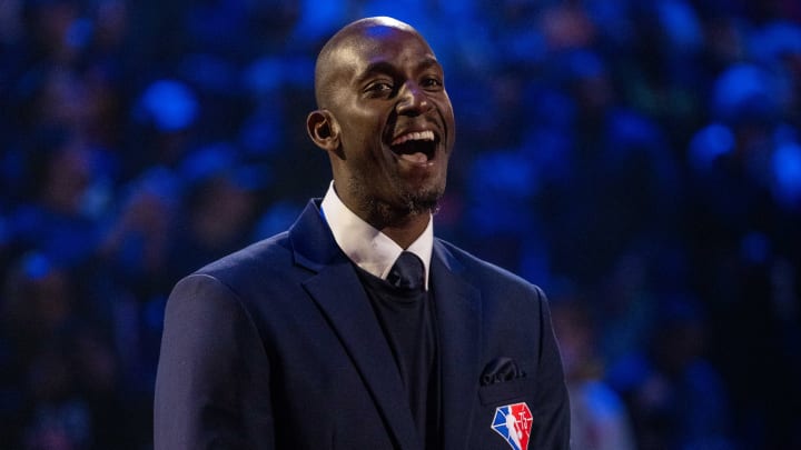 February 20, 2022; Cleveland, Ohio, USA; NBA great Kevin Garnett is honored for being selected to the NBA 75th Anniversary Team during halftime in the 2022 NBA All-Star Game at Rocket Mortgage FieldHouse. Mandatory Credit: Kyle Terada-USA TODAY Sports