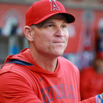 Jun 27, 2025; Anaheim, California, USA;  Los Angeles Angels interim manager Ray Montgomery (81) in the dugout prior to the game against the Washington Nationals at Angel Stadium. Mandatory Credit: Kiyoshi Mio-Imagn Images