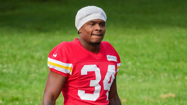 Jul 22, 2025; St. Joseph, MO, USA; Kansas City Chiefs running back Elijah Young (34) walks down the hill to the practice fields during training camp at Missouri Western State University. Mandatory Credit: Denny Medley-Imagn Images