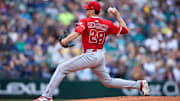 Sep 14, 2025; Seattle, Washington, USA; Los Angeles Angels starting pitcher Kyle Hendricks (28) throws against the Seattle Mariners during the first inning at T-Mobile Park. Mandatory Credit: John Froschauer-Imagn Images