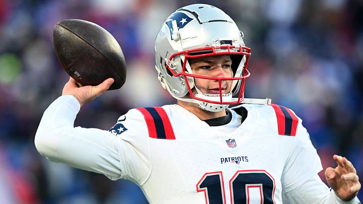 Dec 22, 2024; Orchard Park, New York, USA; New England Patriots quarterback Drake Maye (10) warms up before a game against the Buffalo Bills at Highmark Stadium. Mandatory Credit: Mark Konezny-Imagn Images