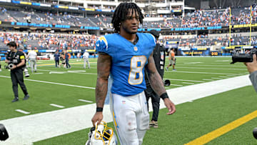 Sep 21, 2025; Inglewood, California, USA;  Los Angeles Chargers running back Omarion Hampton (8) leaves the field after defeating the Denver Broncos 23-20 at SoFi Stadium. Mandatory Credit: Jayne Kamin-Oncea-Imagn Images