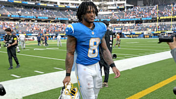 Sep 21, 2025; Inglewood, California, USA;  Los Angeles Chargers running back Omarion Hampton (8) leaves the field after defeating the Denver Broncos 23-20 at SoFi Stadium. Mandatory Credit: Jayne Kamin-Oncea-Imagn Images
