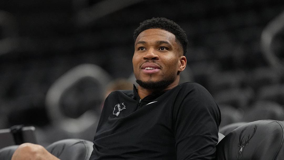 Milwaukee Bucks forward Giannis Antetokounmpo looks on during warmups 