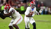 Oct 25, 2025; Columbia, South Carolina, USA; Alabama Crimson Tide wide receiver Germie Bernard (5) rushes against the South Carolina Gamecocks in the second half at Williams-Brice Stadium. Mandatory Credit: Jeff Blake-Imagn Images
