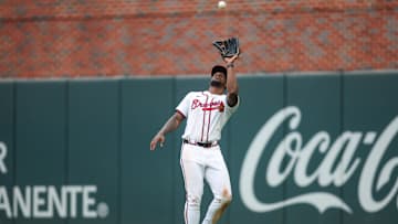 Sep 30, 2024; Atlanta, Georgia, USA; Atlanta Braves right fielder Jorge Soler (2) catches a fly ball against the New York Mets in the fourth inning at Truist Park. Mandatory Credit: Brett Davis-Imagn Images
