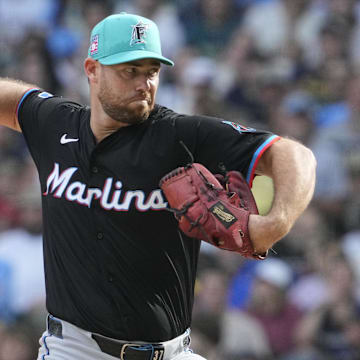 Jul 25, 2025; Milwaukee, Wisconsin, USA; Miami Marlins pitcher Anthony Bender (37) delivers a pitch against the Milwaukee Brewers in the seventh inning at American Family Field. Mandatory Credit: Michael McLoone-Imagn Images